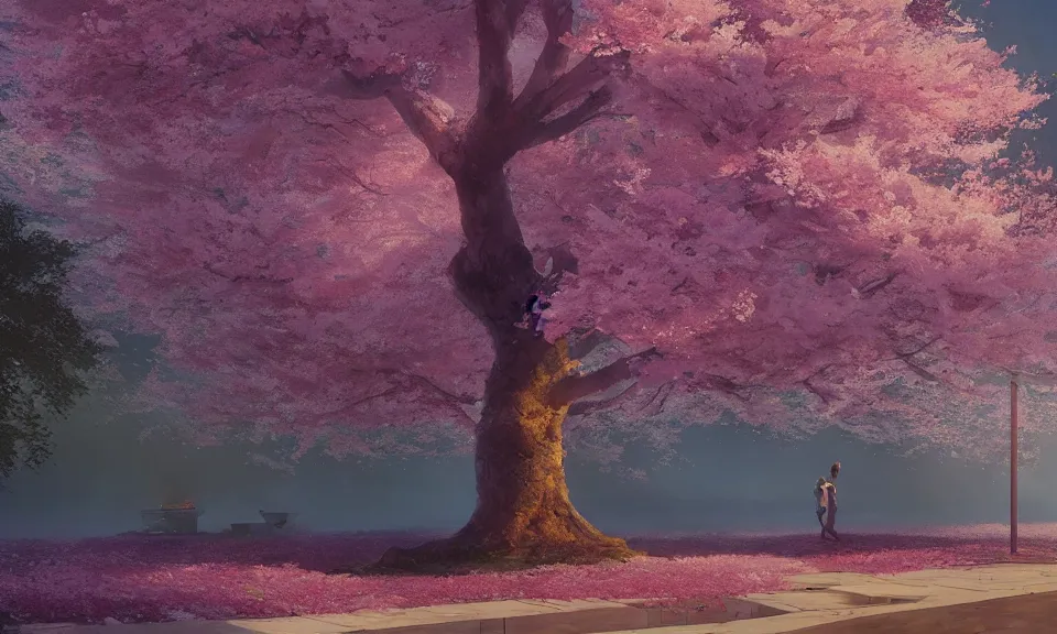 Prompt: One giant cherry blossom tree in the mountanis, Greg Rutkowski, ArtStation, CGSociety, Unreal Engine