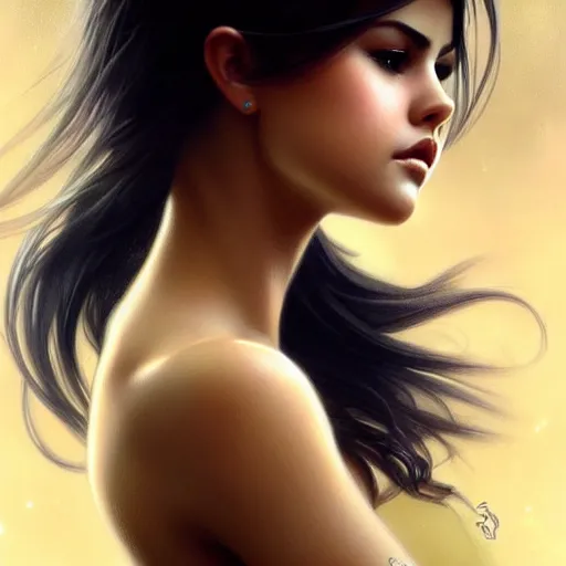 Image similar to selena gomez, beauty expressive pose, fantasy, intricate, elegant, highly detailed, digital painting, artstation, concept art, smooth, sharp focus, illustration, art by artgerm and greg rutkowski and alphonse mucha