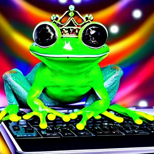 Prompt: frog with a crown doing a live stream behind a computer in a disco room, photorealistic