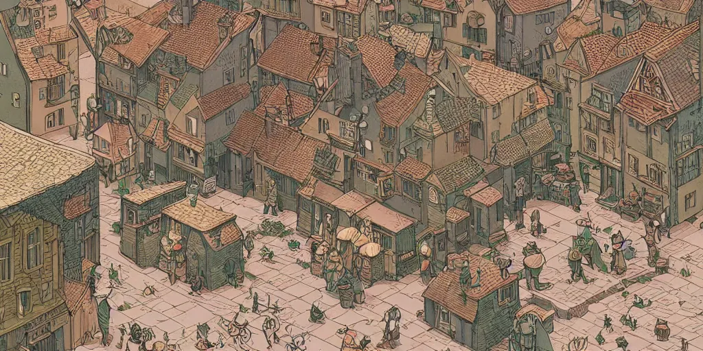 Image similar to isometric view illustration of a medieval village street corner, highly detailed, mid day by Victo Ngai