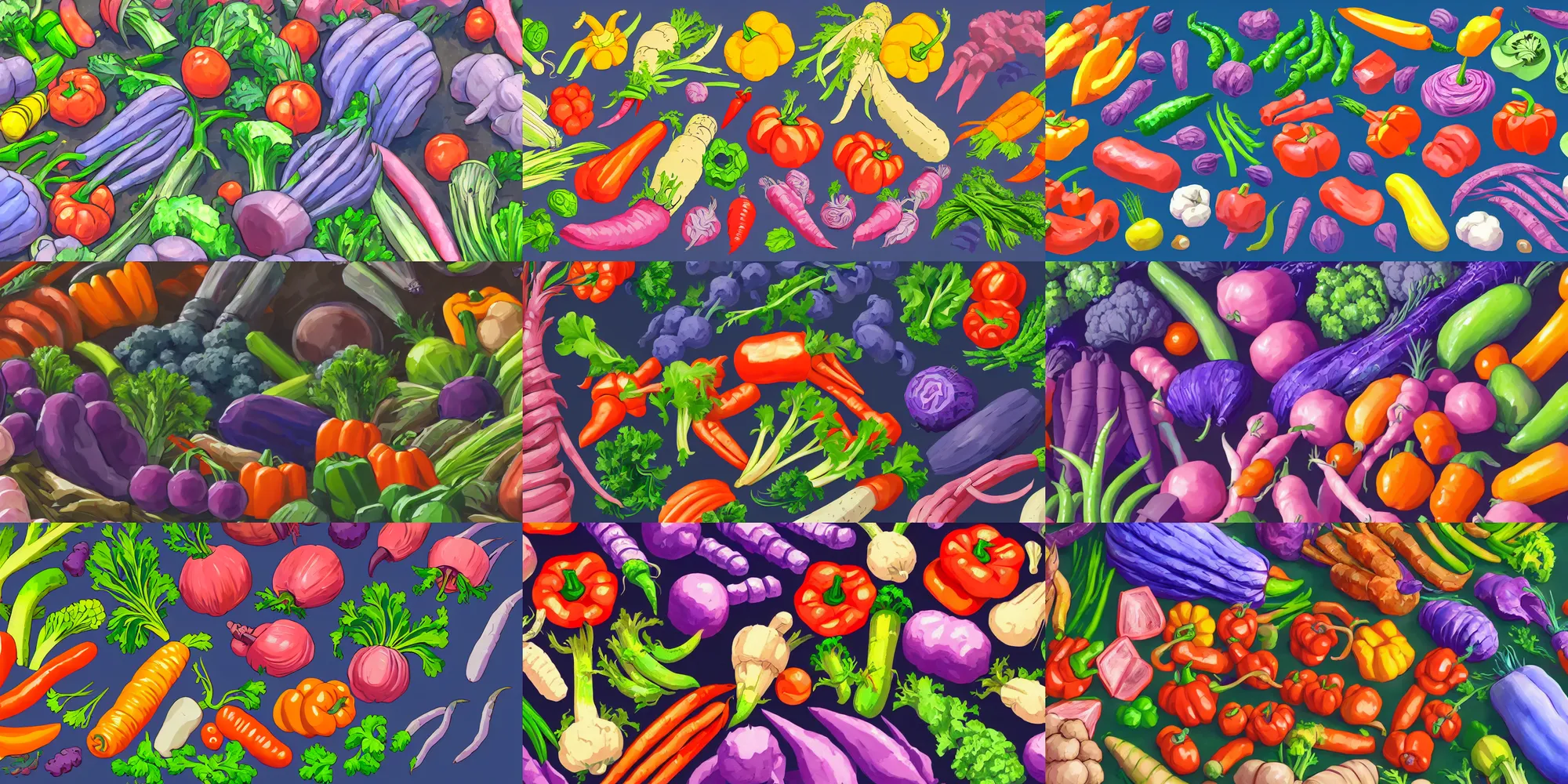 Prompt: game asset of close up of vegetables, in gouache detailed paintings, props, stylized, 2 d sprites, kitbash, arcane, overwatch, blue and pink color scheme, 8 k, close up