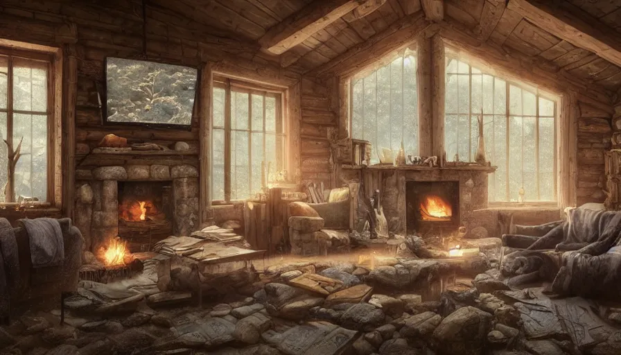 Image similar to A highly detailed matte painting of interior of old cabin, in snowy forest, fireplace, bookshelves, old couch, by Studio Ghibli, Makoto Shinkai, by Artgerm, by WLOP, by Greg Rutkowski, volumetric lighting, octane render, 4K resolution, trending on artstation, masterpiece