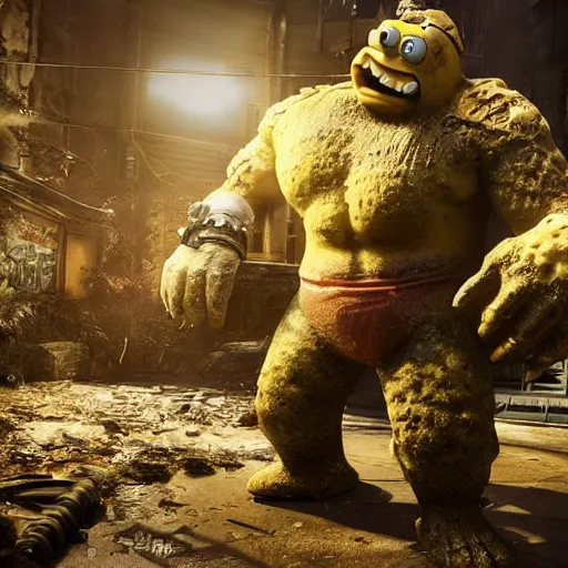 Image similar to evil large spongebob monster in gears of war, splash art, movie still, detailed face, photorealistic facial features, cinematic lighting, dramatic, octane render, long lens, shallow depth of field, bokeh, anamorphic lens flare, 8 k, hyper detailed, 3 5 mm film grain