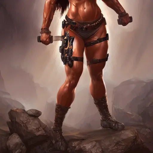Image similar to lara croft as a female bodybuilder redhead showing her abs, fantasy, intricate, elegant, highly detailed, digital painting, artstation, concept art, matte, sharp focus, illustration, art by aenaluck and roberto ferri and greg rutkowski, epic fantasy, digital painting