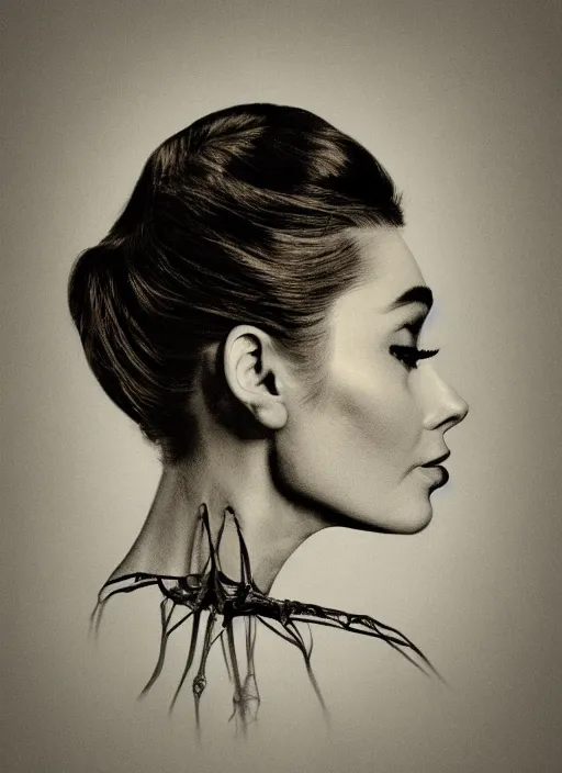 Image similar to a audrey hepburn face in profile made of leaf skeleton in the style of the dutch masters and gregory crewdson dark and moody