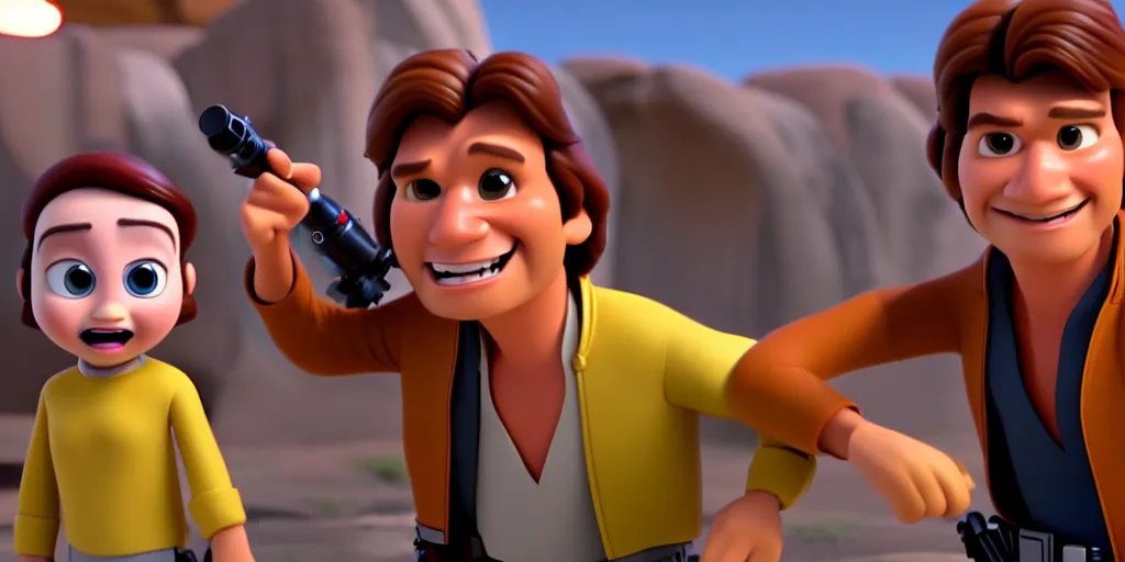 Prompt: a wholesome animation key shot of a han solo pixar and disney animation sharp render 3 d animated, cinematic lighting