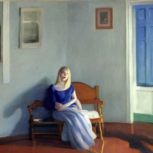 Prompt: painting of Elle Fanning in a flooded house interior, by Edward Hopper