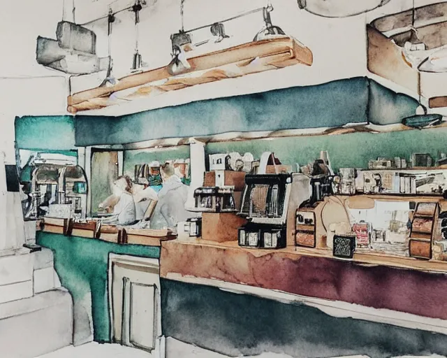 Image similar to a coffee shop smooth light color watercolor ink pen