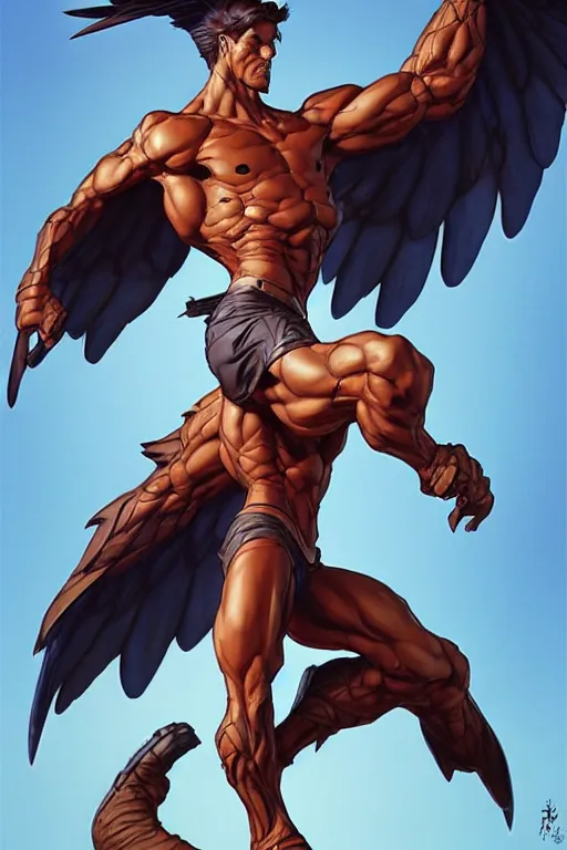 Image similar to character art by wlop, steve henderson, and j scott campbell, gooseman, male hero, goose - head, wings, 4 k