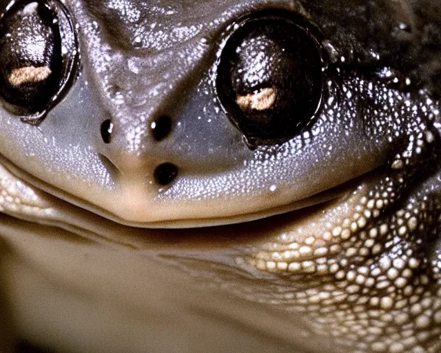 Prompt: Close up of a Budgett's frog smiling and looking at the camera in a still from the movie Blade Runner (1982), high quality, rain, rain drops, cold lighting, 4k, night, award wining photo