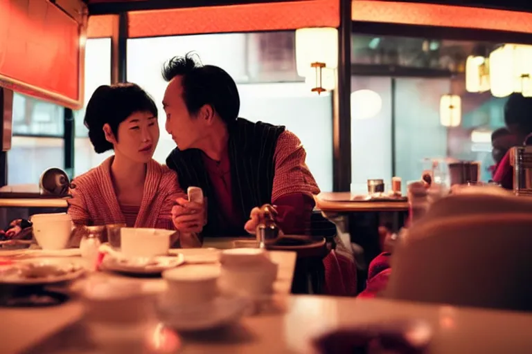 Image similar to movie interior closeup beautiful Japanese couple closeup sitting and talking at 50s diner, night in the city, beautiful skin, by Emmanuel Lubezki