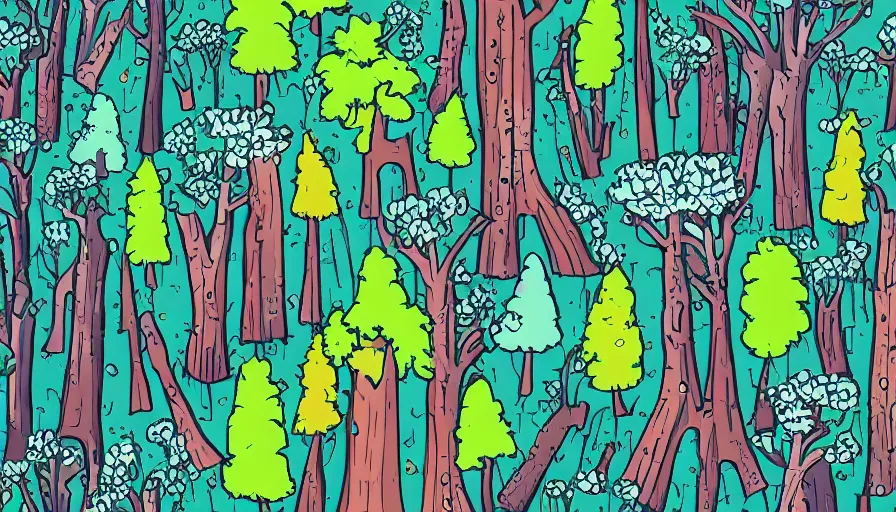 Image similar to forest filled with ruins, giant trees, tiny rocket, colorful, vector style drawing