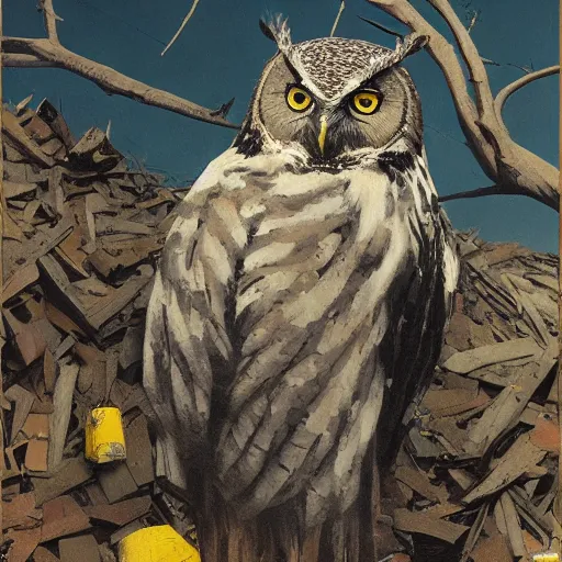 Image similar to shredded physique feathered round fat beak Portrait of Henry James camouflaged as Owl whilst wearing a yellow tuxedo Standing atop a Garbage Truck Greg Rutkowski Vik Muniz clarence holbrook carter Andrew Wyeth Dan Witz