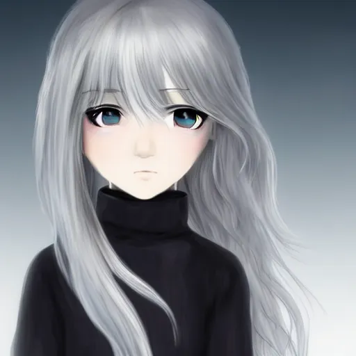 Prompt: young girl with long wavy light silver hair, with blackness instead of eyes, anime