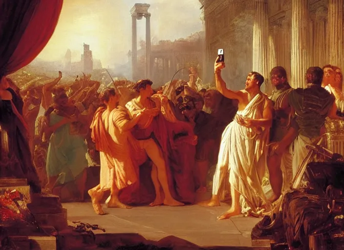 Image similar to julius caesar taking a selfie as rome burns behind him by thomas cole and vladimir volegov and alexander averin and pierre auguste cot and delphin enjolras