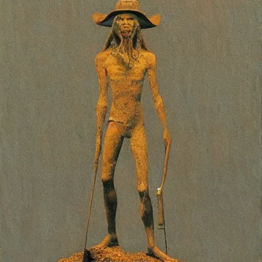 Image similar to beksinski's statue of thoth with a cowboy hat and a shotgun