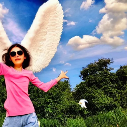 Prompt: bright blu sky. fluffy clouds. angels with big wings wake - up