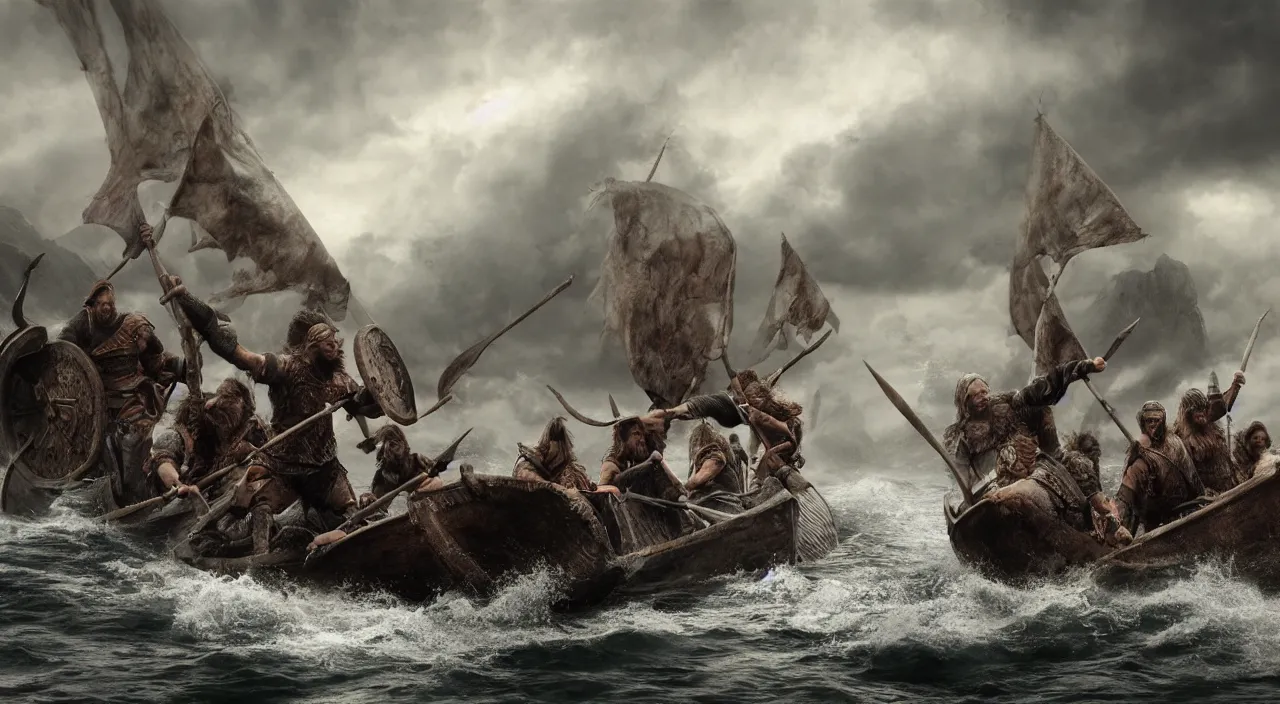 Image similar to a beautiful hyper realistic ultra detailed lifelike matte painting of vikings on a dragon boat, stormy weather, unreal engine, deviantart, flickr, artstation, octane render, textured, colorful, extreme realistic detail, physically based rendering, pbr render, very detailed, volumetric lighting, detailed lighting, octane render, 4 k, cinematic lighting, 8 k resolution