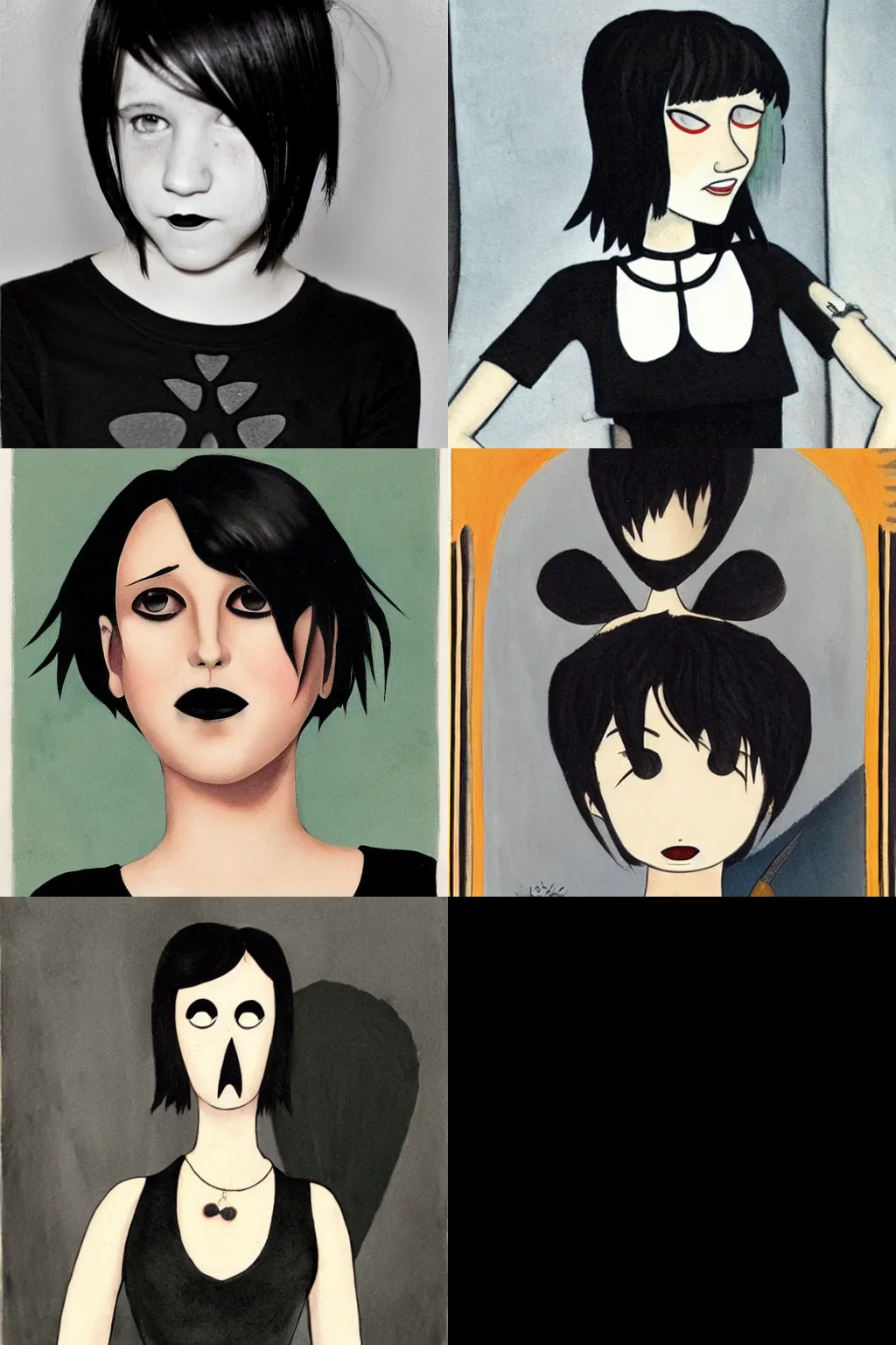 Prompt: an emo by charles addams. her hair is dark brown and cut into a short, messy pixie cut. she has a slightly rounded face, with a pointed chin, large entirely - black eyes, and a small nose. she is wearing a black tank top, a black leather jacket, a black knee - length skirt, a black choker, and black leather boots.