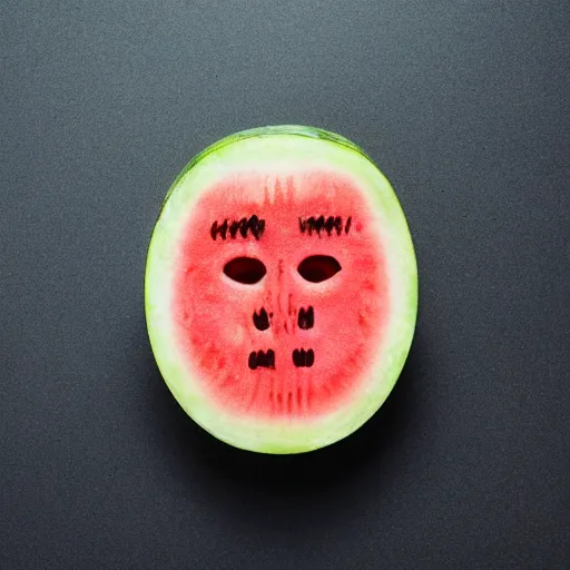 Prompt: a slice of water melon with the face of mel gibson