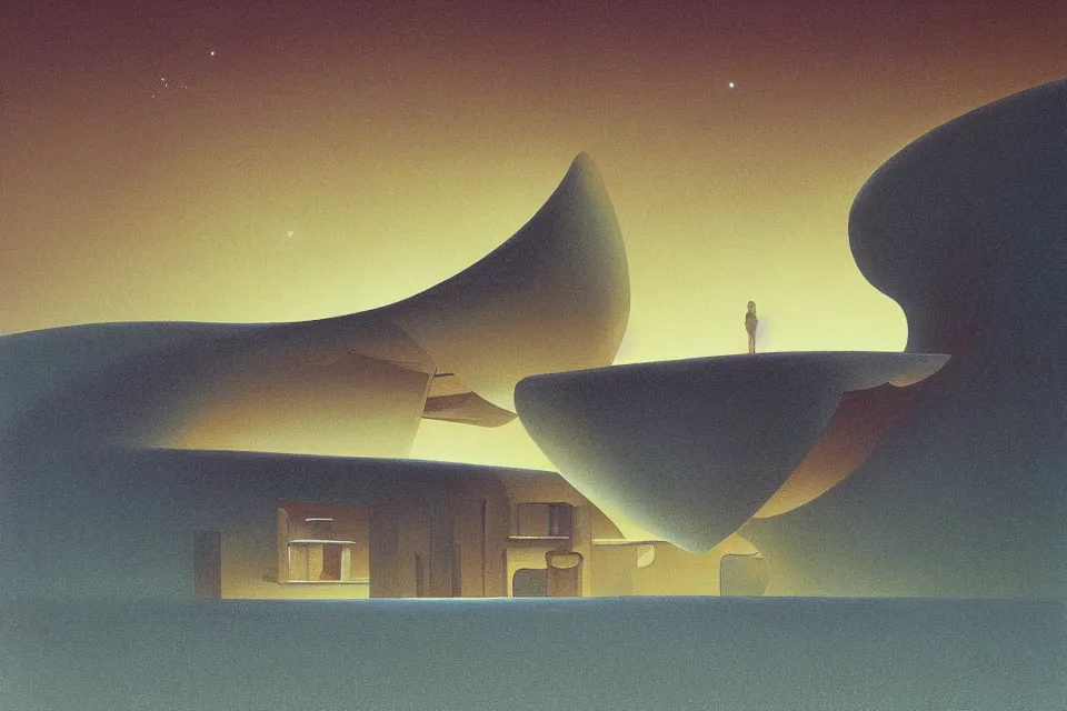 Image similar to sci fi landscape painting of snohetta architecture design of a seashell shaped house in the middle of the desert at night, painted by john harris and moebius