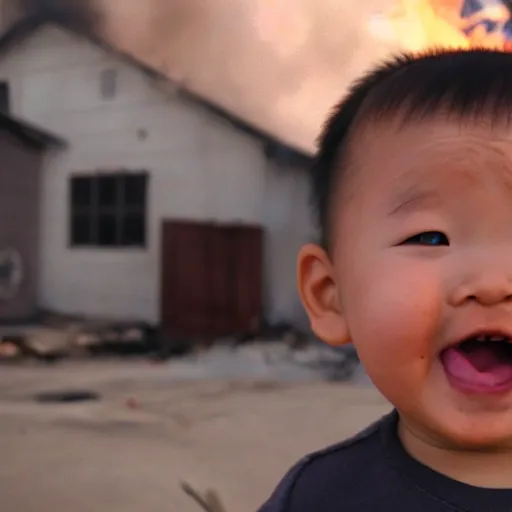 Prompt: evil baby justin sun with giggling in front of burning house, cinematic composition