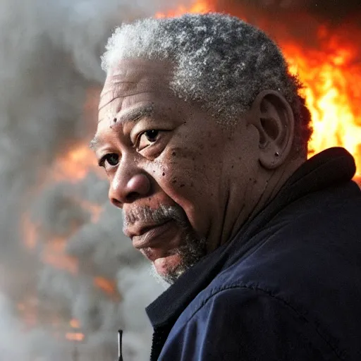 Prompt: a photo of a house burning down in the background and morgan freeman with an eerie expression in the foreground, strong depth of field