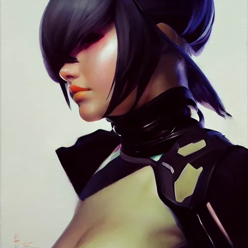 Prompt: greg manchess portrait painting of yorha type a no. 2 as tracy from overwatch, back shot, asymmetrical, profile picture, organic painting, sunny day, matte painting, bold shapes, hard edges, street art, trending on artstation, by huang guangjian and gil elvgren and sachin teng