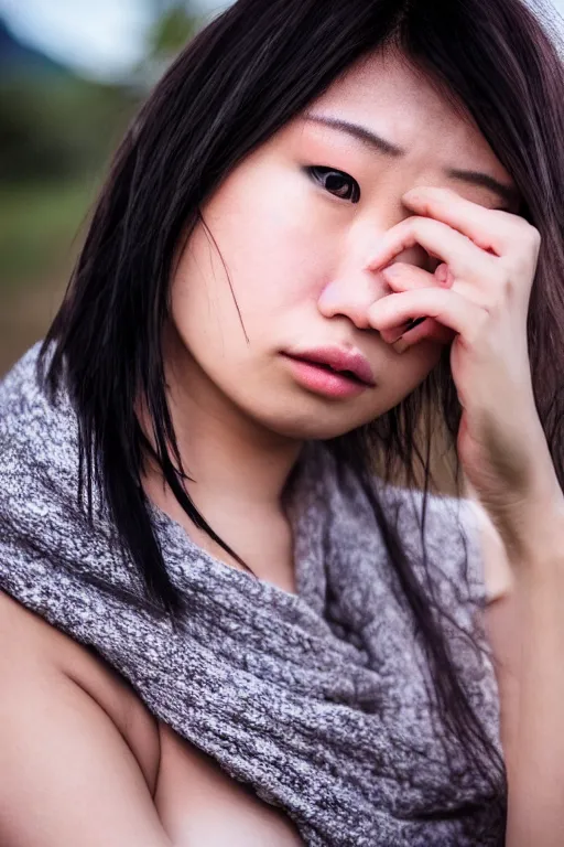 Image similar to beautiful gorgeous curvy Japanese edgy model girl with short hair, she's sad, sunset, 80mm lens, 1.2 aperture, grainy image, close up