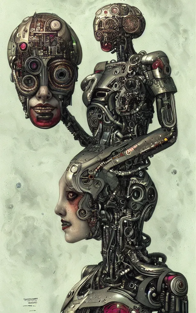 Prompt: futurist cyborg empress, perfect future, award winning art by santiago caruso, iridescent color palette