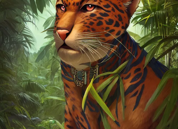 Image similar to character portrait feature of the anthro male anthropomorphic jungle cat jaguar fursona animal person wearing shaman outfit robes belt standing in the amazon rainforest, character design stylized by charlie bowater, ross tran, artgerm, makoto shinkai, detailed, soft lighting, rendered in octane