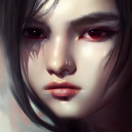 Image similar to a cute and beautiful girl by ruan jia, 8 k, closeup headshot, smooth, trending on artstation, black long hair, black eyes, movie poster style