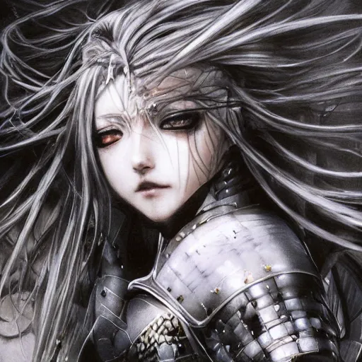 Image similar to Yoshitaka Amano realistic illustration of an anime girl with wavy white hair and cracks on her face wearing Elden ring armour with the cape fluttering in the wind, abstract black and white patterns on the background, noisy film grain effect, highly detailed, Renaissance oil painting, weird portrait angle