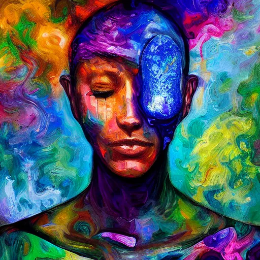 Image similar to the mind is overloaded by reality, humanity, introspection, sensory processing overload, trending, digital painting, oil painting marks, very award - winning