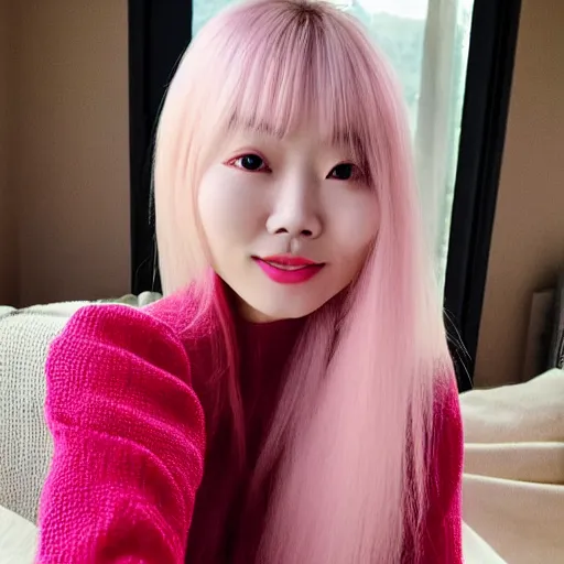 Prompt: selfie photograph of a cute thin petite chinese young woman with light pink hair, long hair, with full bangs, small round face, small nose, porcelain skin tone, red blush, wearing casual sweater, small smile, warm pink living room, medium shot, 8 k, trending on instagram, portra 4 0 0