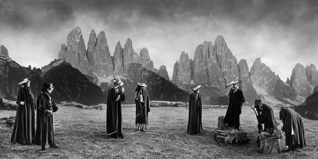 Image similar to 1920s photography of occult priests with hay coats and horn with dolomites in the background, occult signs, witch burning, pyre, solstice fire, alp, dolomites, alpine, detailed intricate insanely detailed octane render, 8k artistic 1920s photography, photorealistic, black and white, chiaroscuro, hd, by David Cronenberg, Raphael, Caravaggio