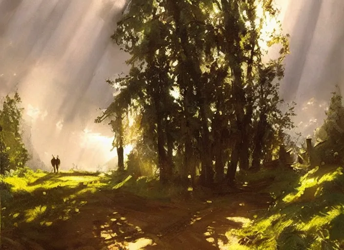 Image similar to oil painting of medieval forest path in dawn by anders zorn, wonderful art by greg rutkowski, incredible lighting, shadows, beautiful cinematic light, american romanticism by greg manchess, tall rocky mountains and storm clouds, sun rays, sunshine, bright sunny summer day, stone walls and wooden fences, meadow