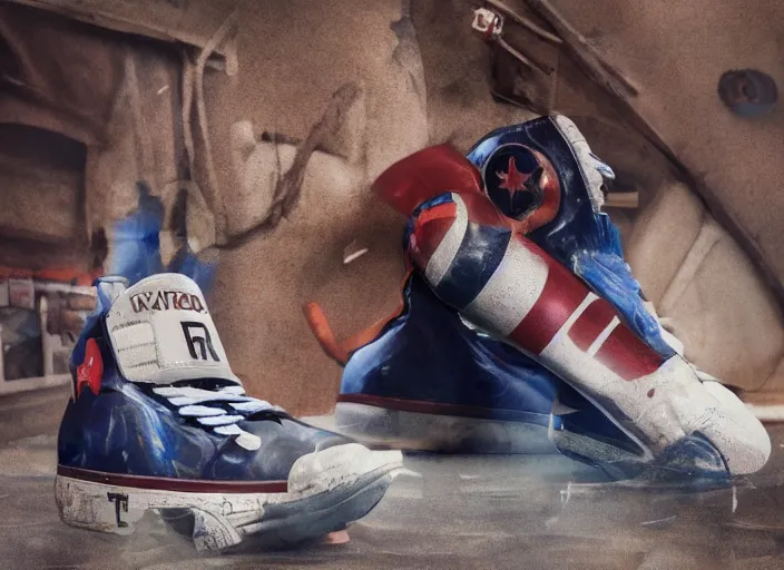 Image similar to basketball sneakers concept of captain america, picture by tim burton, render, cinema 4 d, octane render