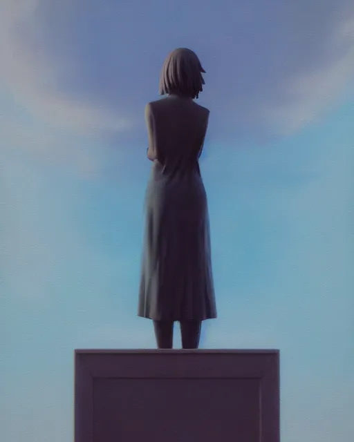 Image similar to a painting of a woman standing in front of a statue, a screenshot by stanley twardowicz, cgsociety, aestheticism, aesthetic, vaporwave, anime aesthetic