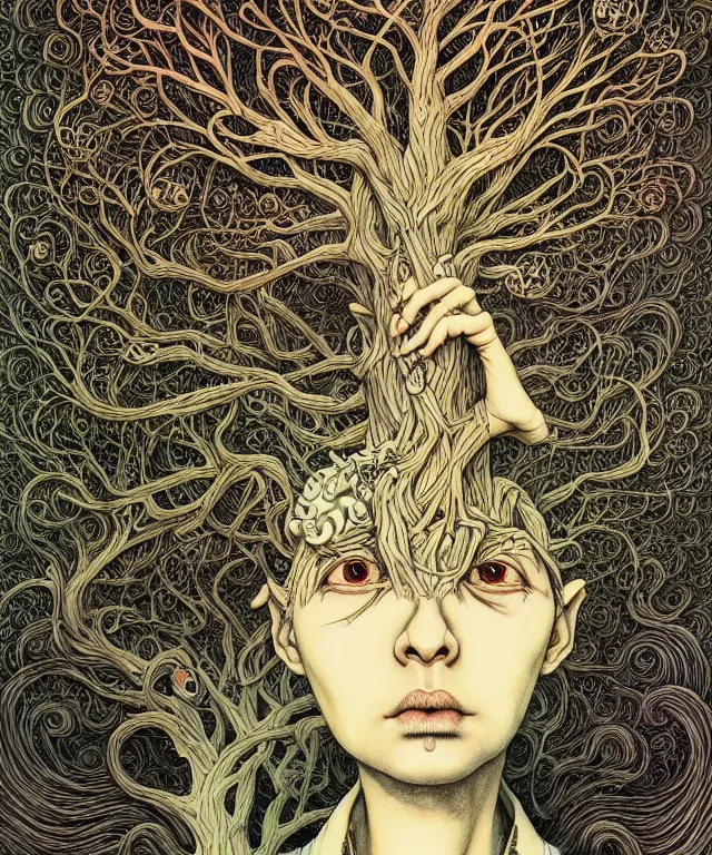 Image similar to portrait painted in jacek yerka style drawn by vania zouravliov and takato yamamoto, inspired by the giving tree, intricate acrylic gouache painting, high detail, sharp high detail, artstation