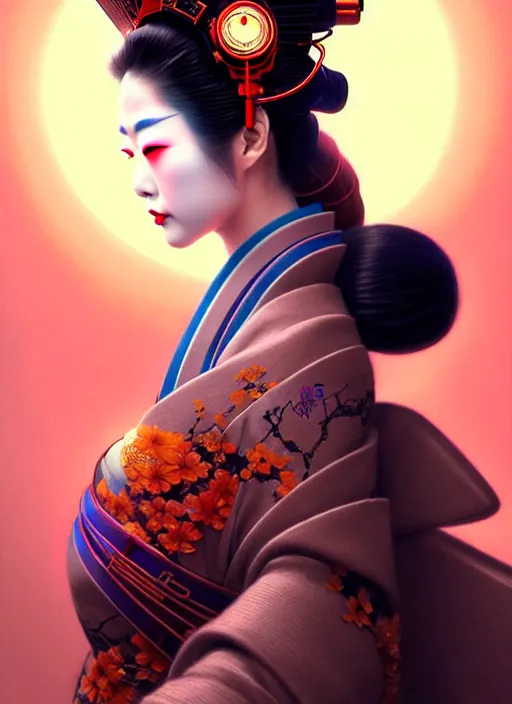 Image similar to beautiful japanese geisha wearing vr eyepiece, robotic, android, cyborg, cyberpunk face, steampunk, fantasy, intricate, elegant, highly detailed, colorful, vivid color, digital painting, cool warm volumetric lighting, artstation, concept art, art by artgerm and greg rutkowski and ruan jia,