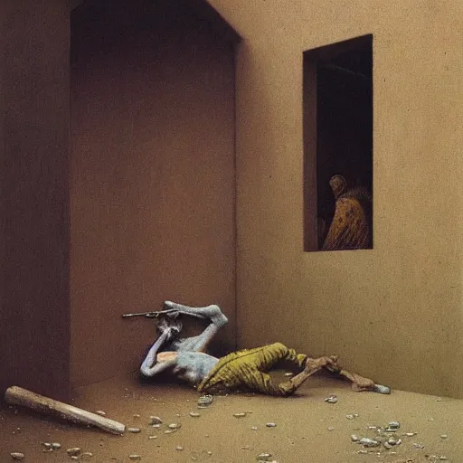 Prompt: man being eaten in an alleyway by a deformed creature, zdzisław beksinski