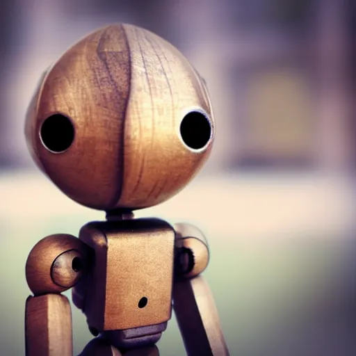 Prompt: a tiny wooden robot has fallen in love with an acorn, octane, tilt shift