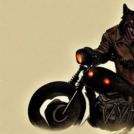 Prompt: werewolf in a leather jacket riding a motorcycle in the rain, character art, trending on artstation