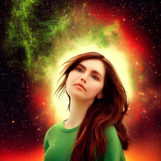 Image similar to an hd photo of a young woman with medium brown hair and green eyes. background of beautiful trees and night sky with colorful stars and galaxies, trending on artstation