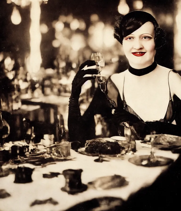 Image similar to close - up antique grainy colored photo of a 1 9 2 0 s short - haired flapper woman in black satin gloves sitting at a table and smirking seductively at the camera. in the background there is a crowded party in a dimly lit speakeasy lounge, jazz age, cohesive, 5 0 mm photography, precise, cinematic, low - lighting, photography