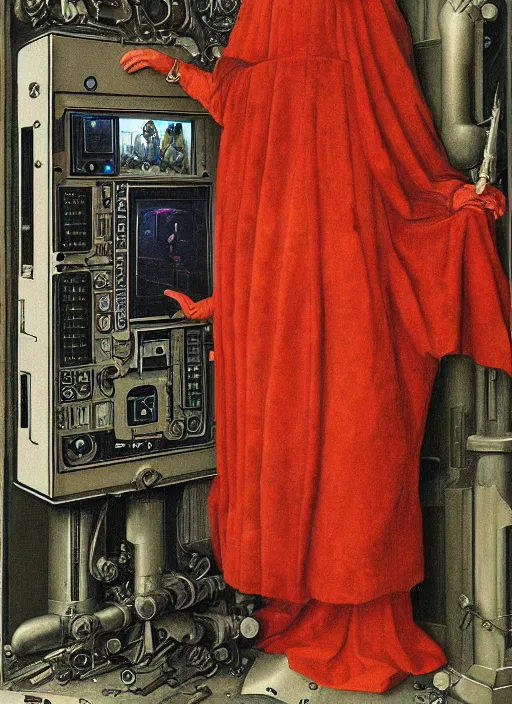 Image similar to a portrait of cyborg queen jacked into a man-machine interface by Jan van Eyck