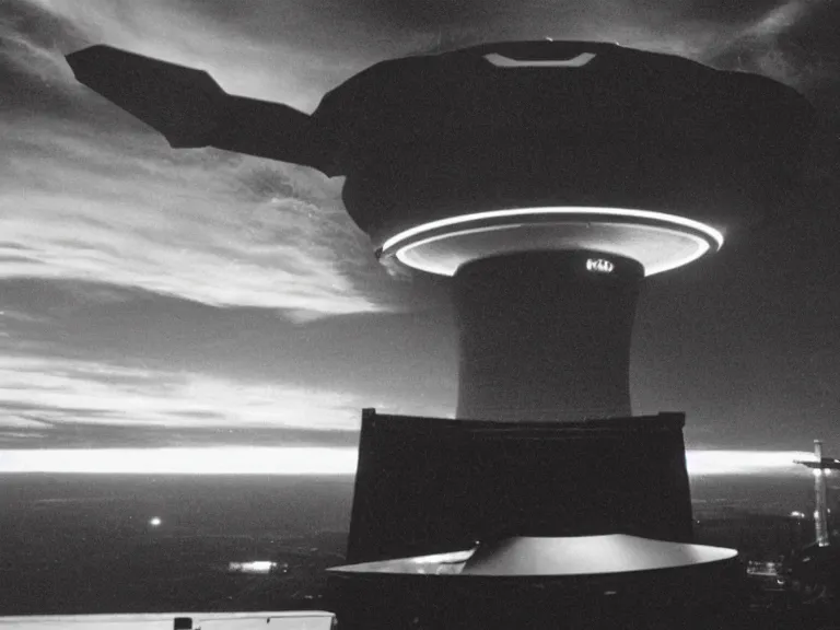 Prompt: closeup photo of a CRT monitor depicting a UFO hovering over a nuclear power plant, scanlines, video ghosting