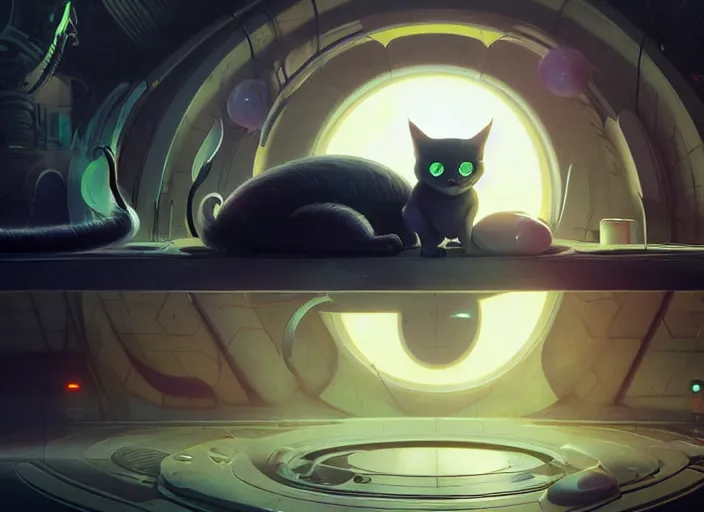 Image similar to alien cat sleeping in a spaceport in a gothcore ghibli animated film, volumetric lighting, octane render by stanley artgerm lau, greg rutkowski, alphonse mucha, loish, norman rockwel, highly detailed