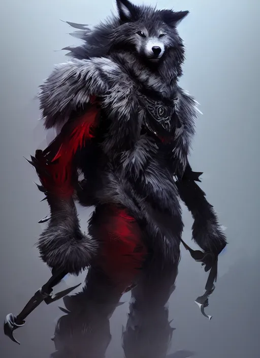 Image similar to handsome dark gray male anthropomorphic wolf fursona, long red hair wearing destiny 2 armor. character design by cory loftis, fenghua zhong, ryohei hase, ismail inceoglu and ruan jia. artstation, volumetric light, detailed, photorealistic, fantasy, rendered in octane